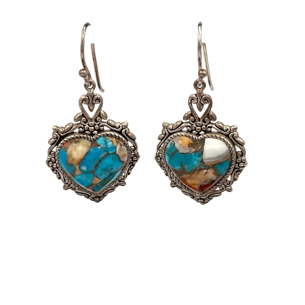 Sterling Silver .925 Howlite Turquoise Women Dangle Heart Earrings